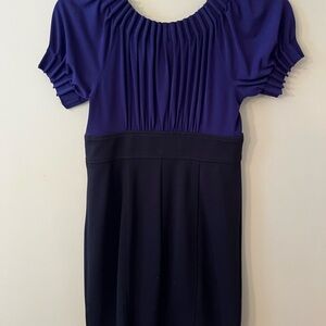 London Times Blue and Purple Sheath Dress with Puff Sleeves